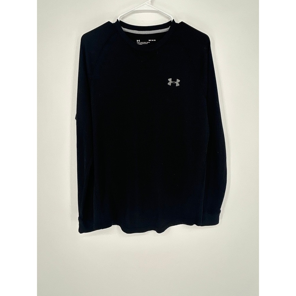 Under Armour Mens Medium Waffle Knit Crew Shirt Loose Fit Black Athletic Layers